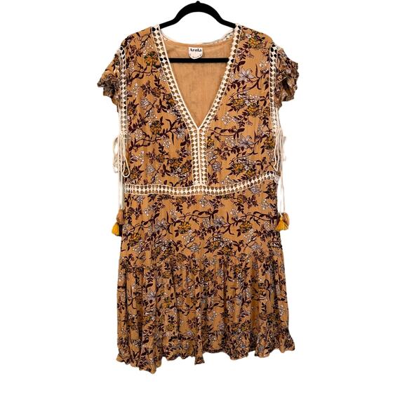 Arula Dress 2X Plus Brown Floral Shift V-Neck Ruffle Crochet Lace Tassels Boho - Picture 1 of 9